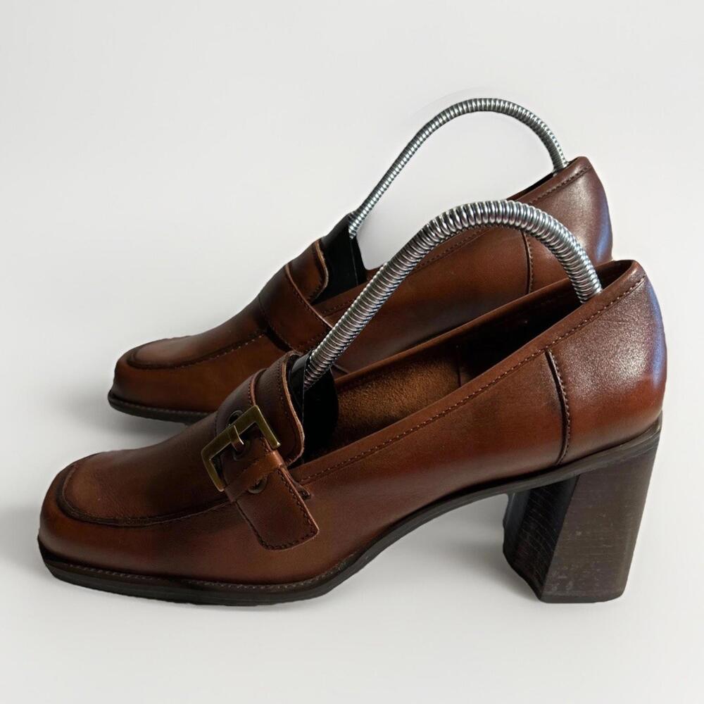 Naturalizer Womens Leather Loafers Block Buckle Heel Slip On Shoes Brown Size 10